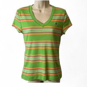 Rare Vintage Y2K (10/05) Tommy Hilfiger Striped V Neck Tee, Women's Size M